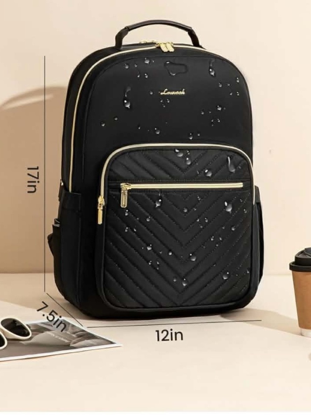 Lovevook Black Quilted Laptop Backpack with Giant Tumbler Holder - Picture 6 of 9